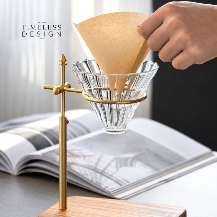 Ally Adjustable Brass Coffee Dripper Holder Wooden Base Stand