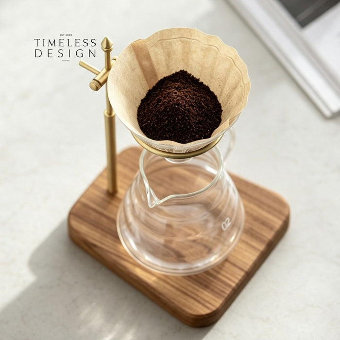 Ally Adjustable Brass Coffee Dripper Holder Wooden Base Stand