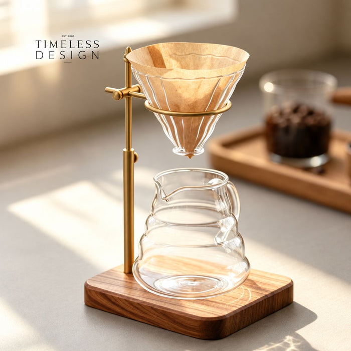 Ally Adjustable Brass Coffee Dripper Holder Wooden Base Stand