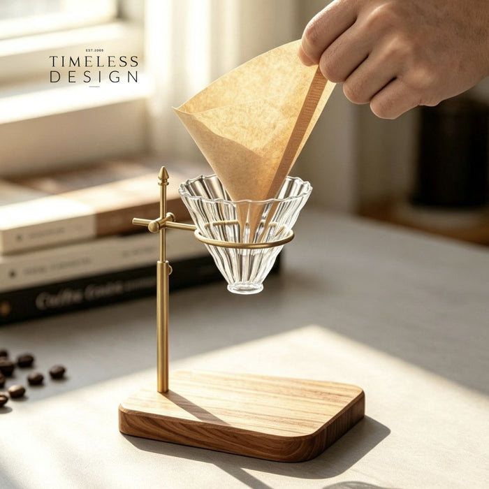 Ally Adjustable Brass Coffee Dripper Holder Wooden Base Stand